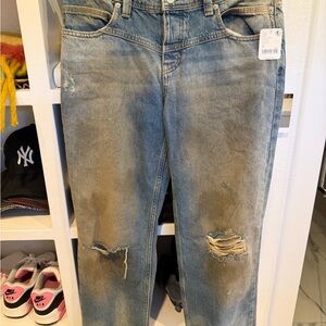 Free People Distressed Boyfriend Jeans in Blue and Tan